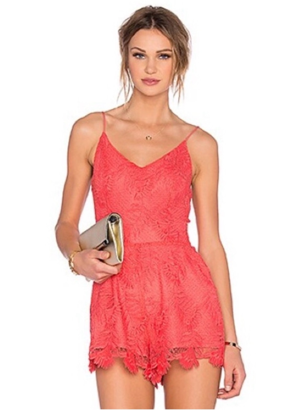 Lovers + Friends Coral Lace Spaghetti-Strap Romper